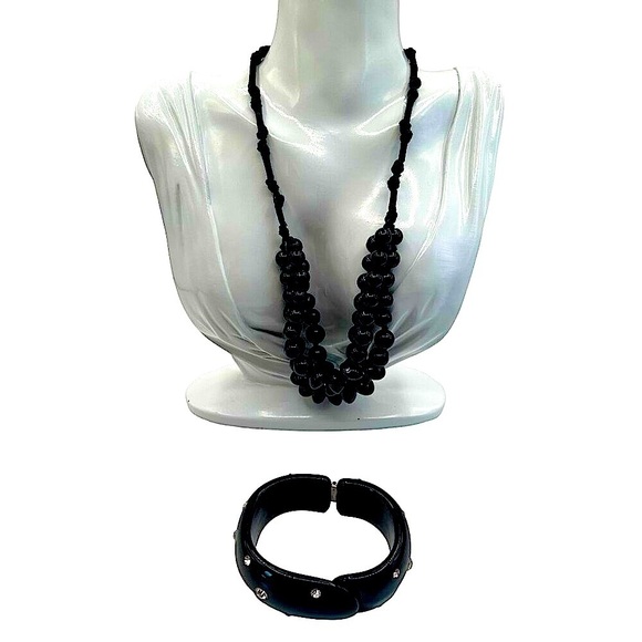 Vintage Elegant Black Beaded Necklace & Bracelet Set With Rhinestone N63 - Picture 1 of 7